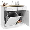 LOKO Tilt Out Trash Cabinet, Kitchen Trash Cabinet with 2 Drawers & Adjustable Shelf, Pet Proof Trash Can Cabinet with Rubber Wood Tabletop, 39.5 x 14 x 35.5 inches (White)