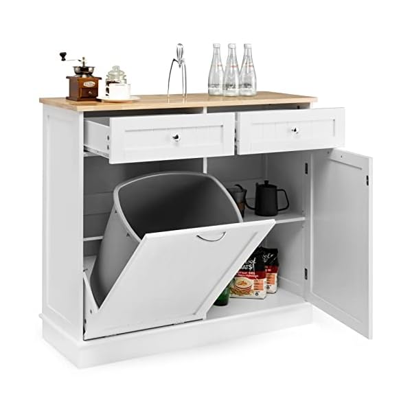 LOKO Tilt Out Trash Cabinet, Kitchen Trash Cabinet with 2 Drawers & Adjustable Shelf, Pet Proof Trash Can Cabinet with Rubber Wood Tabletop, 39.5 x 14 x 35.5 inches (White)