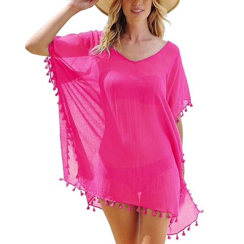 Cache Maillot de Bain Femme Robe de Plage Mousseline Sarongs en Été Plage Couvrir Sexy V-Cou Bikini Cover Up Bohème Beachwear (Rose) – vue 7