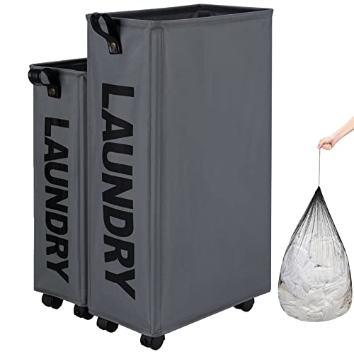 Amazon Brand - Umi Panier à Linge Pliable avec 4 Roues,Grande Capacité Pliable Sac à Linge,Collecteur de Buanderie Bac à Linge Rectangulaire,Poignée en cuir-41 x 22 x 70 CM-Gris,XL Cover