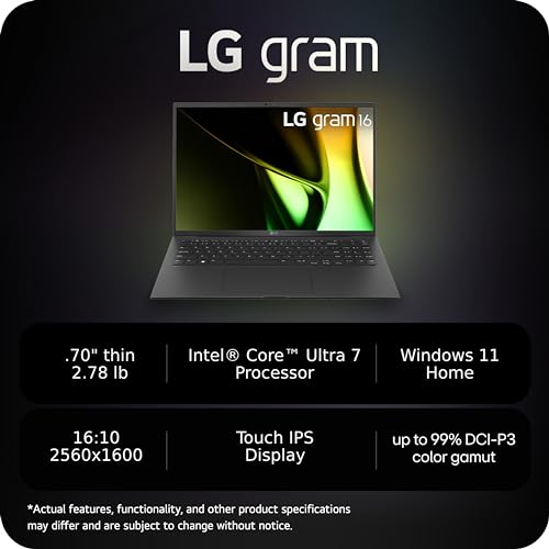 Image of LG gram 16-inch Lightweight Laptop, Intel Evo Edition - AI-Enabled Intel Core Ultra 7 Processor, Windows 11 Home, 16GB RAM, 2TB SSD, Black