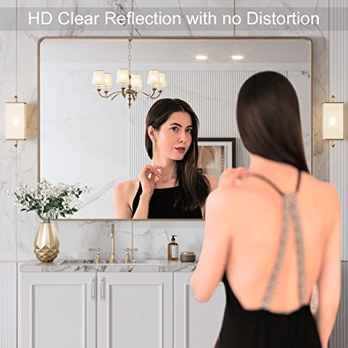 Image of LOAAO 48 inchX32 inch Gold Bathroom Mirror | Rounded Rectangle, Brushed Gold Frame, Wall-Mounted, Anti-Rust, Tempered Glass, Hangs Horizontally or Vertically