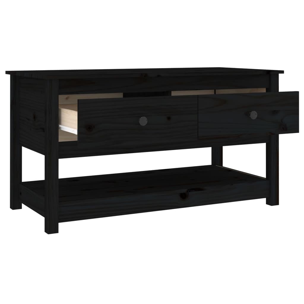 Mesa de centro negra 102 x 49 x 55 cm de madera maciza de pino diseño moderno con 2 cajones y estante abierto, mesa auxiliar robusta para salón, dormitorio y oficina