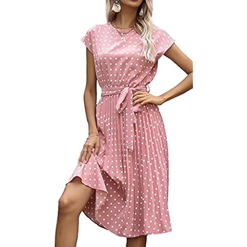 Yingke Women's Summer Polka Dot Dress Short Sleeve Pleated Swing Casual Midi Dress with Belt (M, Pink) Cover