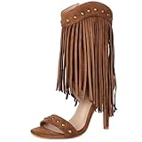 Rhineshell Women's Tassels High Heels Side Zipper Ankle Sandal Boots Studded Fringed Heeled Sandals Round Open Toe Stilettos Faux Suede Zip Up Party Dress Shoes Brown Size 13
