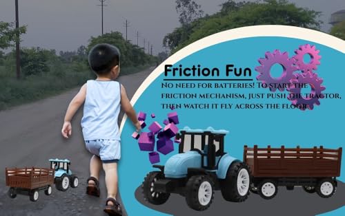 Image of Neokiddo Toys Friction Powered Trolley Farm Tractor Toy for Kids & Toddlers /Boys & Girls - Durable Push & Go Farm Vehicle for Ages 3+, Medium Size Plastic Toy for Pretend Play & Outdoor Fun (Sky Blue)