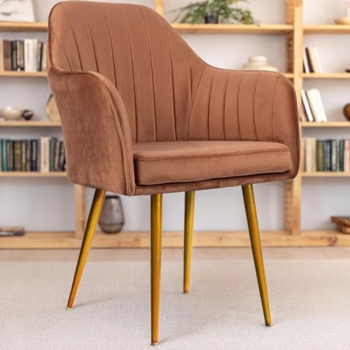 Image of Velvet Accent Chair | Luxury Upholstered Armchair with Sturdy Metal Legs | Modern Comfortable Chair for Living Room, Bedroom, Office, or Cafe (Golden Legs, Light Brown)