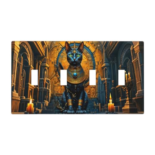 Decorative Switch Covers Plate Egyptian Black Cat Vintage Gold Decorated 4 Gang Wall Plate Oversized Quad Toggle Light Switch Plate Jumbo Faceplate for Bedroom Home Decor