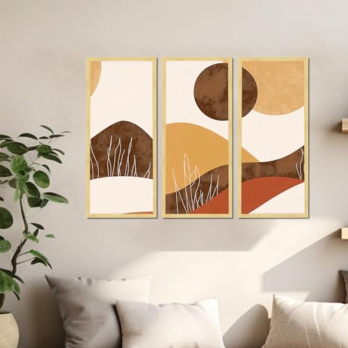 Image of PAINTINGMANTRA Abstract Landscape Framed Wall Art Set of 3 | Modern Boho Geometric Wall Decor | Engineered Wood Frame Prints for Living Room, Bedroom & Office, 8.9x18.9 Inch