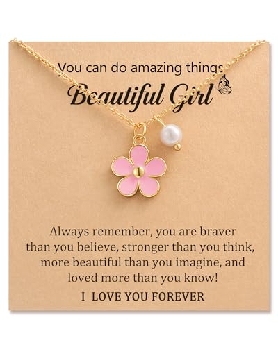 HGDEER Pink Flower Pearl Necklace