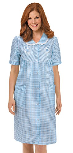 Collections Women's Etc. Gingham Women's Robe with Floral Accents, Snap-Front Closure and Lace