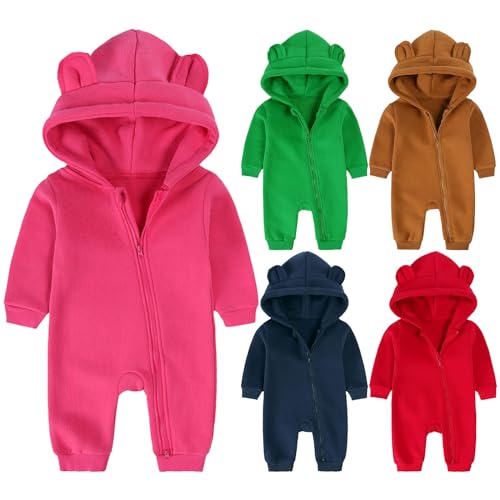 Newborn Baby Warm Footie Snowsuit Winter Onesi𝐞 Cartoon Bear Warm Hooded Outfits Teddy Bear Onesi𝐞 (Red, 12-18 Months)3