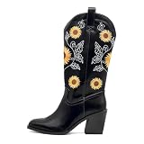 Ezrnoxc Western Cowboy Boots for Women Mid Calf Cowgirl Boots with Classic Sunflower Embroidered Slip On Square Toe Chunky High Heels Fashion Retro Pull-On Boot for Girls Ladies Fall & Winter Black