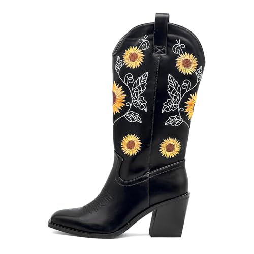 Ezrnoxc Western Cowboy Boots for Women Mid Calf Cowgirl Boots with Classic Sunflower Embroidered Slip On Square Toe Chunky High Heels Fashion Retro Pull-On Boot for Girls Ladies Fall & Winter Black