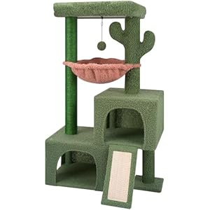 AIWIKIDE 37.4″ Cactus Cat Tree Tower with Twin Cat Condos for Indoor Cats, All-in-One Activity Center with Cat Scratching Post Cozy Sleeping Perch Hammock and Toy Balls,Green …