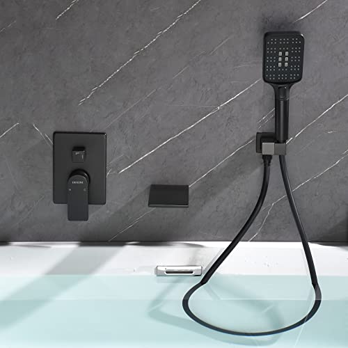 Wall Mount Waterfall Bathtub Faucets With Sprayer Tub Filler Faucet Tub Shower Faucet Set With Rough-In Valve Trim Kit Matte Black #TOP7