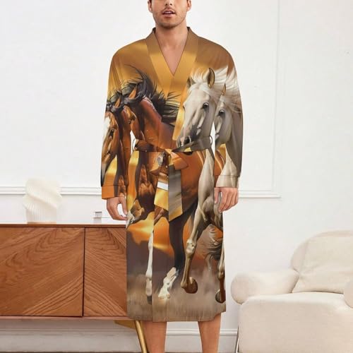 Three Running Horses Soft Robe Long Sleeve Bathrobes V Neck Sleepwear Spa Robes with Belt Men Woman2