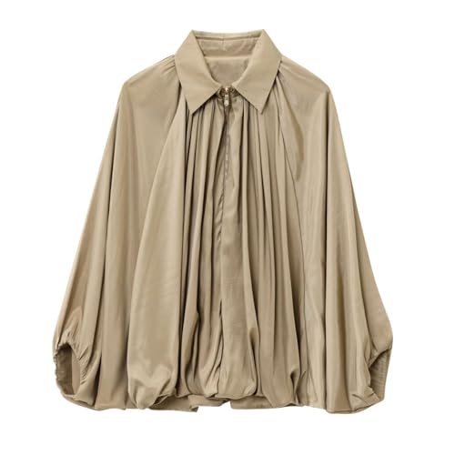 Xunger Women's Puffed Bomber Jacket Oversized Streetwear Casual Batwing Sleeve Lapel Collar Zip Front Pleated Shirts