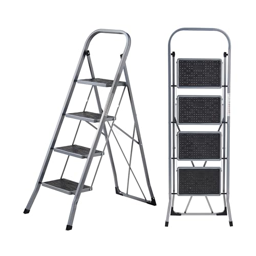 MasterWorx 4 Step Ladder | Heavy Duty Folding Steel Stepladder with Safety Handle | 150kg Max Capacity | Wide Anti-Slip Steps & Feet | Easy to Store | Ideal for Home, Kitchen, Garage & DIY Use