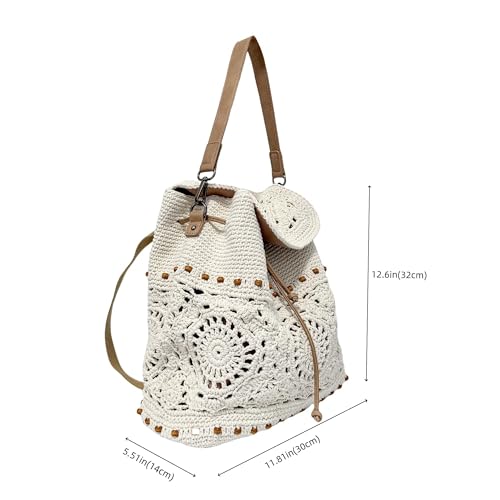 Image of Eiyye Handmade Crochet Backpack for Women Premium Cotton Rope Boho Rucksack with Adjustable Straps Lightweight Woven Shoulder Backpack for Travel Beach & Everyday Casual