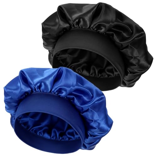 Yuomeaz 2 Pcs Hair Sleeping Bonnet Soft Elastic Band Satin Hair Bonnet for Sleeping Large Satin Bonnets for Men Women (Blue Black)