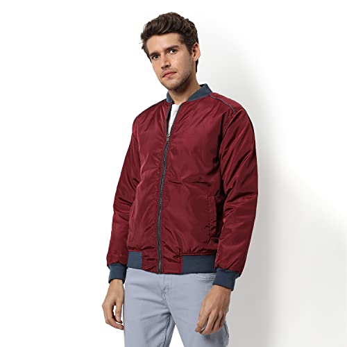 Image of Campus Sutra Men's Maroon Solid Puffer Regular Fit Bomber Jacket For Winter Wear | Low-Cut Standing Collar | Full Sleeve | Zipper | Casual Jacket For Man | Western Stylish Jacket For Men