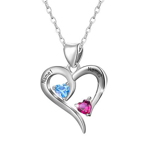 Madeone 925 Sterling Silver 14K Gold Plated Personalized Mothers Name Necklace with 2 Birthstones and 2 Names Engraving Pendant Meaningful Customized Heart Pendant Necklace for Women (white)