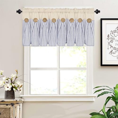 ASPMIZ-Cotton-Linen-Kitchen-Valance-Curtains-Boho-Rustic-Button-Valances-for-Windows-Farmhouse-Style-Blue-Stripe-Window-Valances-for-Bathroom-Cafe-Tie-Up-Valances-for-Kitchen-Windows-52-x-18-Inch ASPMIZ Cotton Linen Kitchen Valance Curtains Boho Rustic Button Valances for Windows Farmhouse Style Blue Stripe Window Valances for Bathroom Cafe Tie Up Valances for Kitchen Windows 52 x 18 Inch