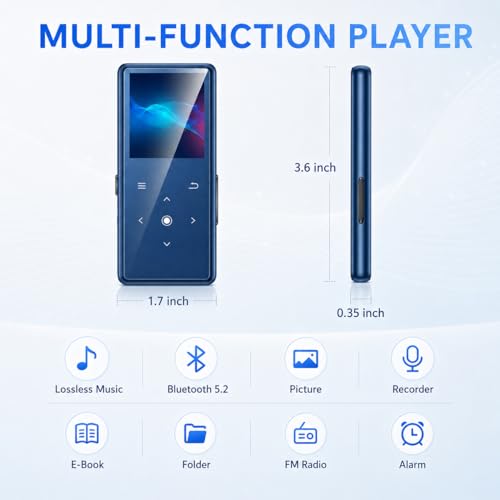 Image of MP3 Player 64GB Storage, Mini Size, HiFi Music, with Sports Clip, Blue