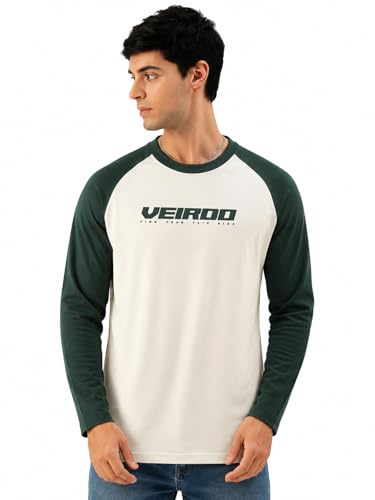 Image of Veirdo Pure Cotton Regular Fit Round Neck Front Chest Typographic Logo Printed Raglan Full Sleeve T-Shirt for Men (Colors: Green, Brown & Maroon)