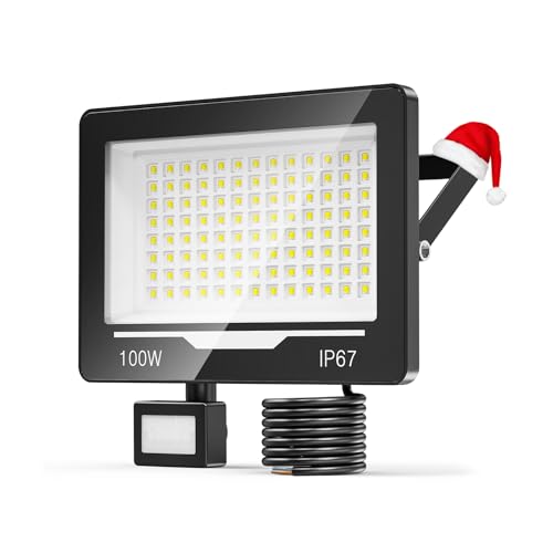 TOPAUBUB 100W 10000LM LED Strahler Fluter mit Bewegungsmelder Außen 1 Stücke, 6500K Kaltweiß Hell LED Scheinwerfer mit Bewegungsmelder, IP67 Wasserdicht Aussenstrahler für Garten Hofbeleuchtung
