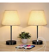 UOMIO Nightstand Lamp With 2 USB Charging Ports, Bedside Table Lamps Set Of 2, Living Room 2-Pack Mordern Lamps With Linen Fabric Shades And Black Metal Base - View #7