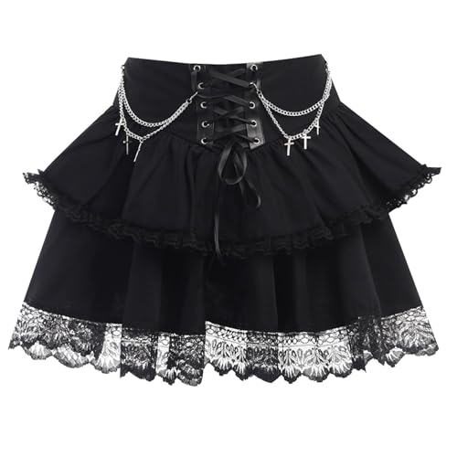 Jupe gothique taille haute en dentelle punk avec chaînes pour femme