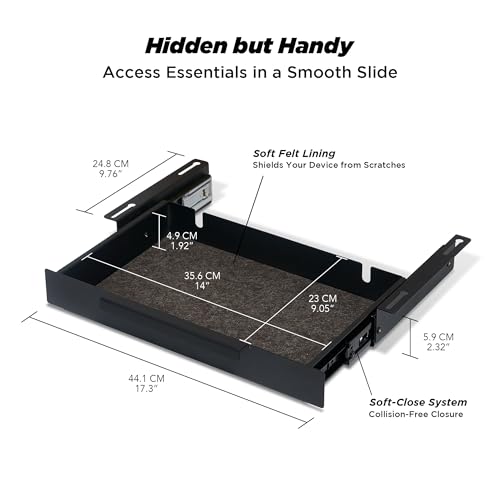 Image of ULTRARM Moodular Storage Drawer Add-On for Slide Rails, Do Not Use Alone | Accessory Only, Soft-Closing System, Hidden Storage, Felt Interior, Sturdy Steel Frame, Declutter Your Desk, Black, MSA-DR