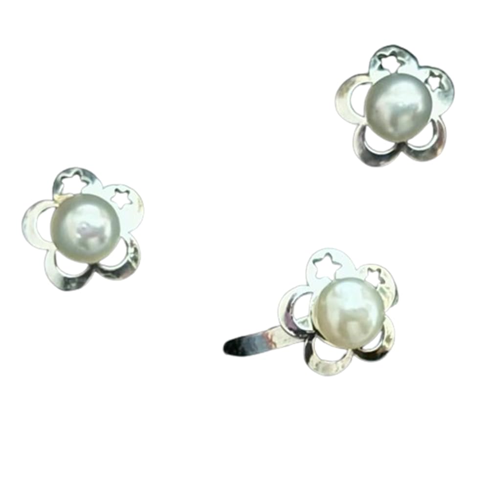 MinoplataConjunto Comunión Pendientes y Anillo flor y estrellas de Plata de ley y Perla para niñas