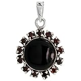 Sterling Silver Marcasite Cluster Pendant, w/Round Cabochon 14 mm Jet Stone & Brilliant Cut Garnet Stones, 1 1/16" (27 mm) Tall