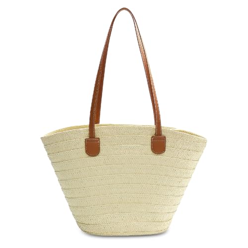 Bolsa de Praia Feminina em Palha Grande com Zíper Tote Verão com Alça de Ombro Casual para Viagem, Piscina e Dia a Dia (Bege Claro)