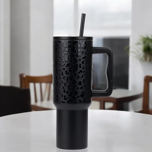 Image of Personalised with Your Name, 1200ml Tumbler with Straw - Handle - Stainless Steel Double Wall Insulated Cup | Leakproof Sipper Mug for Hot - Cold Drinks | Coffee - Water Tumbler (Leapard Black Custom)