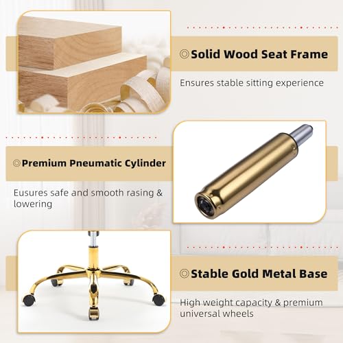 ABET Desk Chair with Wheels, Velvet Gold Office Chair Armless Swivel Chair with Tufted High Back Rivet Trim, Comfy Upholstered Ergonomic Computer Chair for Bedroom, Beige - Thumbnail 7