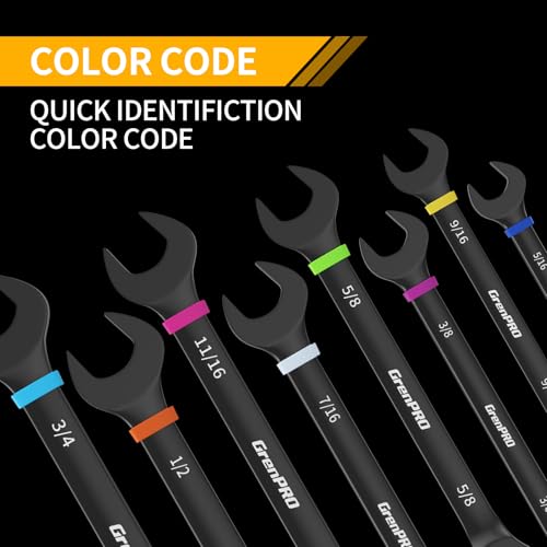 Image of GRENPRO Ratchet Wrenches Set, Ratcheting Wrench Set, 9PC Sae 5 /16 to 3 /4 72Th Long Box Open End Ratchet Wrench Organizer With Color Ring With Roll Up Pouch With Gauge, Big Combination Wrench Tool Sets