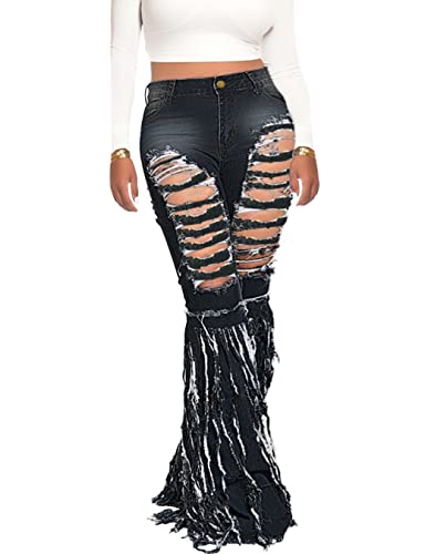 CHARTOU Women's Distressed Broken Ripped Fringed Tassel Long Bootcut Jeans