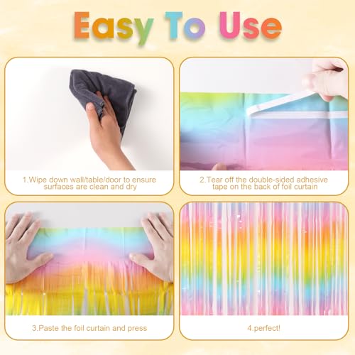 Image of Voircoloria 2 Pack Pastel Rainbow Foil Fringe Backdrop Curtains, Tinsel Streamers Birthday Party Decorations, Fringe Backdrop for Baby Shower, Gender Reveal, Birthday Party