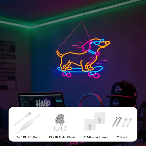 Image of Dachshund Skateboarding Neon Sign, Skateboard Dog Neon Signs for Wall Decor Cool LED Wall Art Decor, Dimmable Dog Lover Gift for Living Room, Bar, Shop, or Birthday Party