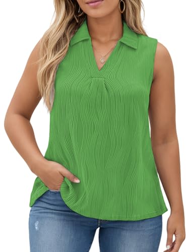 DOLNINE Womens-Plus-Size-Summer-Tank-Tops Dressy V Neck Collared Polo Shirts Casual Sleeveless Tunics Trendy Textured Blouses