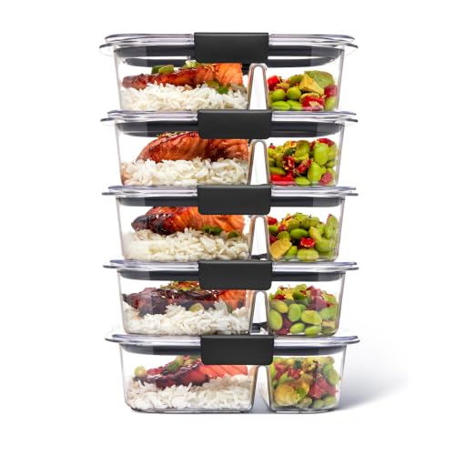 Rubbermaid Brilliance Meal Prep Containers, 2-Compartment Food Storage Containers, 2.85 Cup, 5-Pack, BPA-Free, Clear/Grey