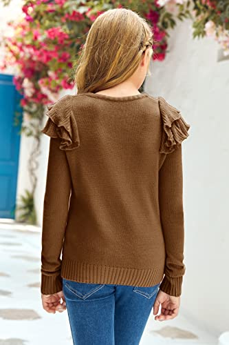 Cnjfj Kids Girls Cute Crew Neck Fuzzy Sweaters Ruffle Long Sleeve Basic Solid Pullover Sweaters Brown #TOP3