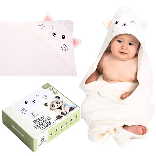 Image of Cuddling Baby Premium Hooded Towel - 500GSM Viscose derived from Bamboo Cotton Baby Towels- Ultra Soft & Absorbent, Extra Large 35” x 35”, Hypoallergenic, Machine Washable Toddler Towel - Cat