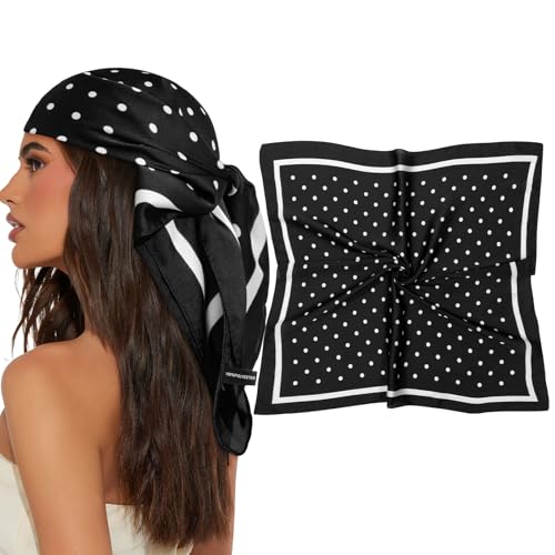 AWAYTR 27.5 Square Satin Head Scarf Hair Scarf for Womens Hair Silk Bandana for Women Silk Head Wrap for Sleeping (Polka Dot Black)