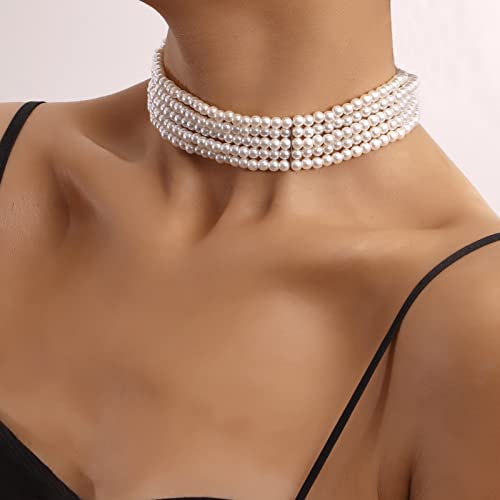 Yiendoo Bridal Pearl Choker Necklace Chain Multi-Row Pearl Strands Necklace Baroque Statement Pearl Necklace White Imitation Pearl Bridal Beaded Choker Wedding Prom Necklace Jewelry For Women Girls #TOP1