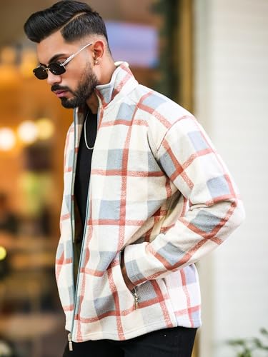 Image of Maniac Mens Checkered Full Zipper Fullsleeve Polyester Blend Fleece Shacket for Men